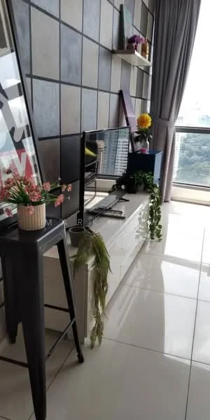 Living features: grey accent wall, white glossy tile flooring, floor-to-ceiling windows, curtains, TV console, wall-mounted TV, decorative plants, shelf with decorative items, framed artwork, black stool; style: modern; view: city.