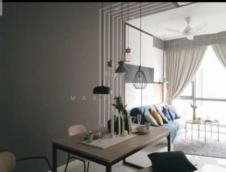 Living features: grey accent wall, white walls, polished tile flooring, 5-blade ceiling fan, pendant lighting with multiple bulbs, sofa in blue fabric, decorative cushions in various colors, coffee table, area rug, dining table with chairs, decorative vases, window treatments with sheer curtains; style: modern; view: city.