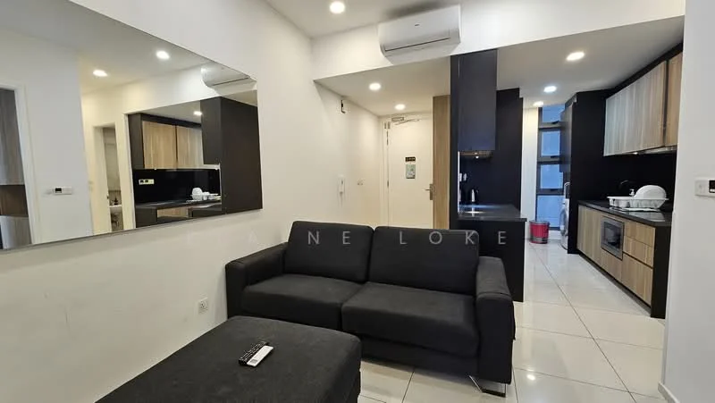 Living features: grey fabric sofa, coffee table, wall-mounted mirror, recessed LED downlights, white tiled flooring, air conditioning unit, open kitchen layout, kitchen cabinetry in light wood, black countertop, stainless-steel sink, built-in oven, stainless-steel range hood, fridge, kitchen appliances visible; style: modern.