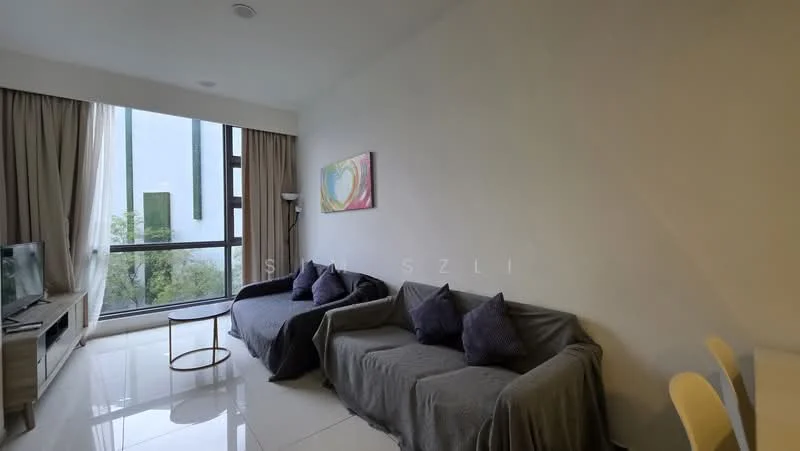 Living features: two grey fabric sofas, decorative cushions in purple, round coffee table, TV console, wall-mounted TV, large floor-to-ceiling window, curtains, white painted walls, glossy tile flooring, recessed ceiling lights; style: modern; view: garden.