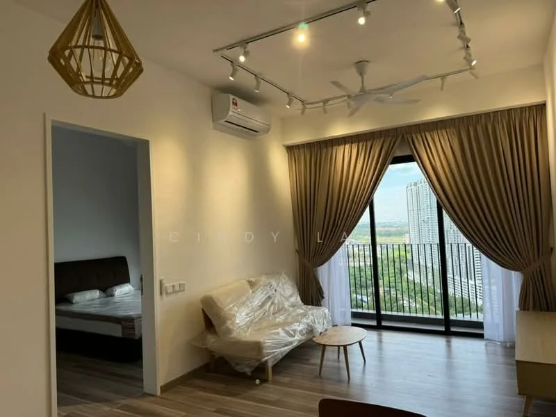 Living features: floor-to-ceiling windows, curtains, 3-blade ceiling fan, recessed LED downlights, wooden flooring, sofa, coffee table, wall-mounted split AC, decorative light fixture; style: modern; view: city. Bedroom features: queen-size bed, upholstered headboard, bedside table, window, wall-mounted light.