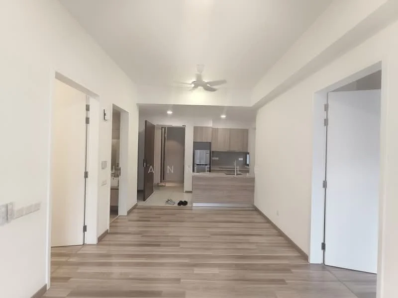 Living features: light wood laminate flooring, white painted walls, 5-blade ceiling fan with light, recessed downlights, open layout to kitchen, doorway to adjacent rooms, large windows for natural light; style: modern. Kitchen features: light wood cabinetry, stainless-steel refrigerator, countertop with space for appliances, open layout to living area; style: modern. Room features: doorway leading to other rooms.