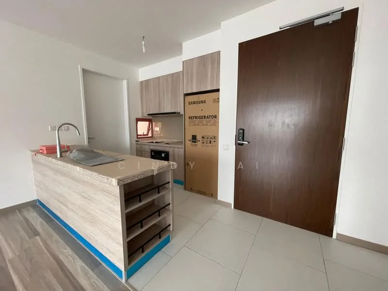 Kitchen features: kitchen island with storage, stainless-steel sink, chrome pull-down faucet, built-in oven, freestanding range oven, refrigerator, wood cabinetry, light-colored laminate countertop, tile flooring, white painted walls, door to hallway; style: modern.