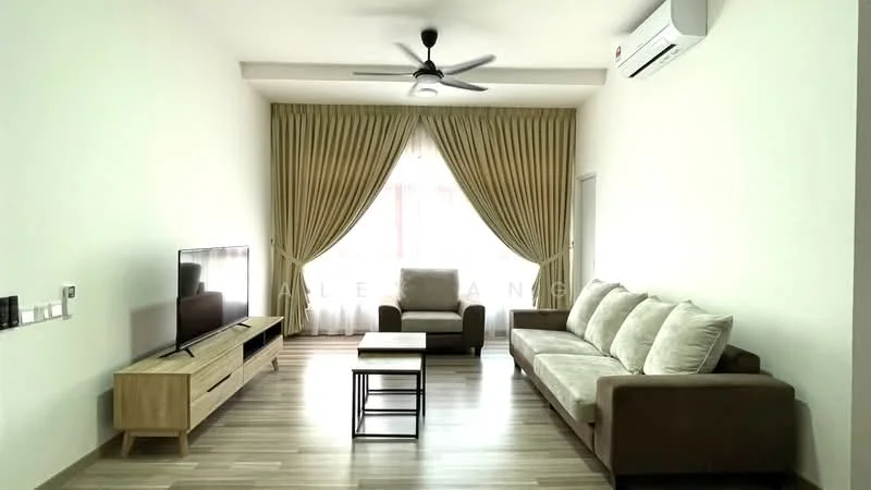 Living features: 5-blade ceiling fan with light, wall-mounted TV, TV console in wood, 2-seater fabric sofa in beige, 3-seater fabric sofa in light grey, coffee table with metal frame, floor-to-ceiling windows, sheer curtains, wooden flooring, air conditioning unit on wall, decorative wall paneling; style: modern.