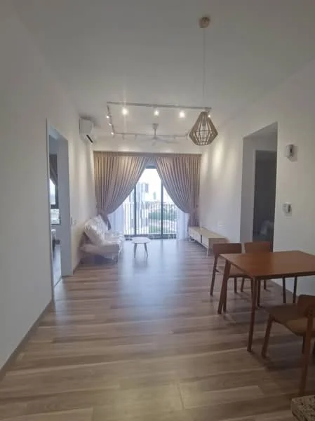 Living features: light wood laminate flooring, white painted walls, recessed downlights, hanging pendant light, floor-to-ceiling windows, sheer curtains, balcony access, dining table with chairs, sofa, decorative wall, air conditioning unit; style: modern; view: garden.