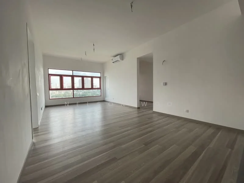 Room features: light wood laminate flooring, white painted walls, large windows with red frames, wall-mounted split AC unit, ceiling with exposed wiring, recessed lighting, no visible furniture or decor; style: modern; view: city.