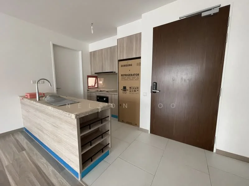 Kitchen features: kitchen island with storage, stainless-steel sink, chrome pull-down faucet, built-in oven, microwave, stainless-steel refrigerator, wood cabinetry, light-colored laminate countertop, tile flooring, white walls, door with handle, window, recessed lighting; style: modern.