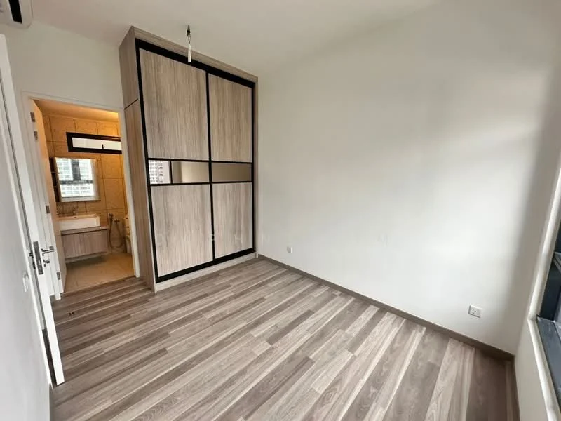Bedroom features: wooden flooring, built-in wardrobe with sliding doors, white painted walls, large window with city view, ceiling light fixture, neutral color scheme; style: modern; view: city. Bathroom features: tile flooring, vanity with sink, toilet, shower area, stone wall cladding; style: modern.