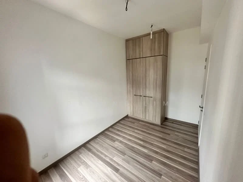 Room features: light wood cabinetry, laminate flooring in brown, white painted walls, single door, ceiling light fixture, built-in wardrobe; style: modern.