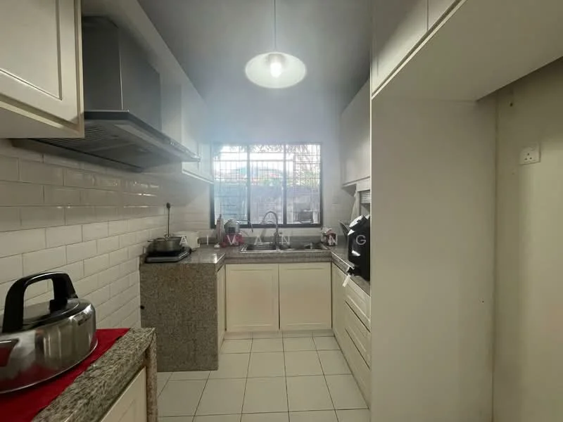 Kitchen features: white shaker cabinets, grey granite countertop, stainless-steel sink, chrome pull-down faucet, built-in oven, freestanding range oven, ceramic tile flooring, white subway tile backsplash, window with metal grille, recessed downlights, kitchen appliances visible, cooking pot on countertop; style: modern; view: garden.