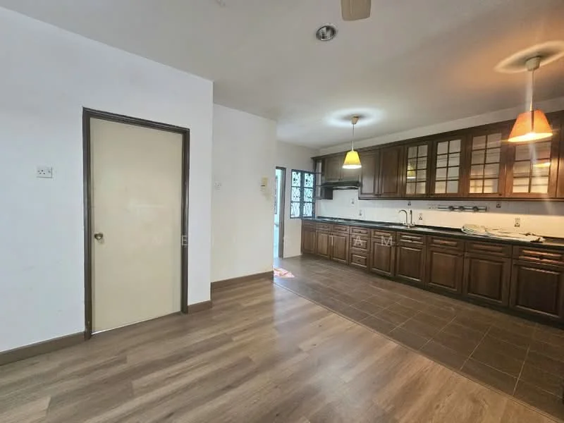 Kitchen features: brown wooden cabinetry, white countertop, stainless-steel sink, chrome pull-down faucet, built-in oven, freestanding range oven, ceramic tile flooring, recessed downlights, pendant lighting, window with view to outside, door leading to outside, open layout to living area; style: modern. Room features: white painted walls, wooden door, laminate flooring.