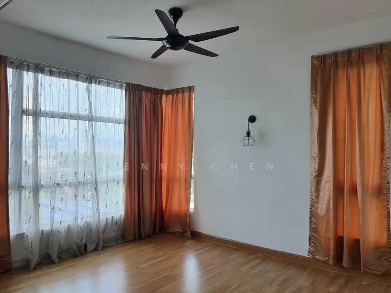 Room features: floor-to-ceiling windows, orange sheer curtains, brown wooden flooring, 5-blade ceiling fan, decorative wall sconce, white painted walls, light coming from windows; style: modern; view: city.