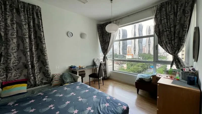 Bedroom features: queen-size bed with patterned bedding, floor-to-ceiling windows, curtains with floral pattern, wooden flooring, wall-mounted clock, desk with chair, chest of drawers, decorative items on dresser; style: modern; view: city.