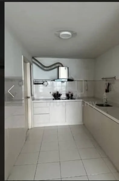 Kitchen features: white cabinetry, stainless-steel sink, chrome pull-down faucet, built-in oven, freestanding range oven, ceramic tile flooring, white tiled backsplash, exhaust hood, countertop with laminate finish, wall-mounted shelving, recessed ceiling lights; style: modern.