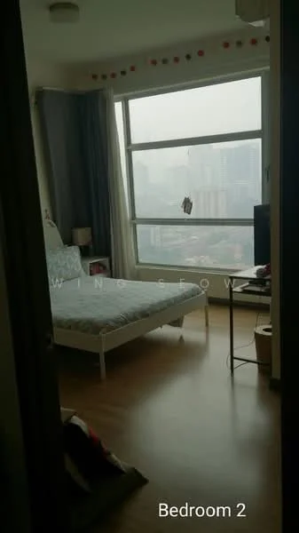 Bedroom features: queen-size bed with light blue bedding, floor-to-ceiling window, curtains, wooden flooring, nightstand with lamp, wall-mounted TV, decorative wall art, decorative pillows, small storage basket; style: modern; view: city.