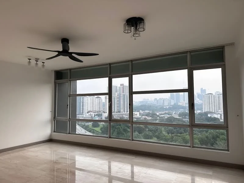 Living features: large floor-to-ceiling windows, city skyline view, 5-blade ceiling fan with light, recessed downlights, marble tile flooring, neutral painted walls, open layout, natural light; style: modern; view: city.