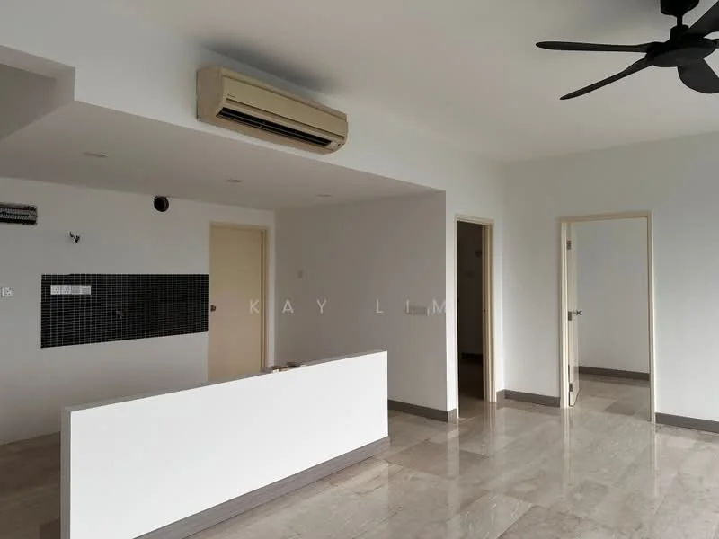 Living features: marble tile flooring, white painted walls, ceiling fan, wall-mounted air conditioning unit, open layout, black tiled backsplash, doorway to adjacent room, doorway to hallway; style: modern.