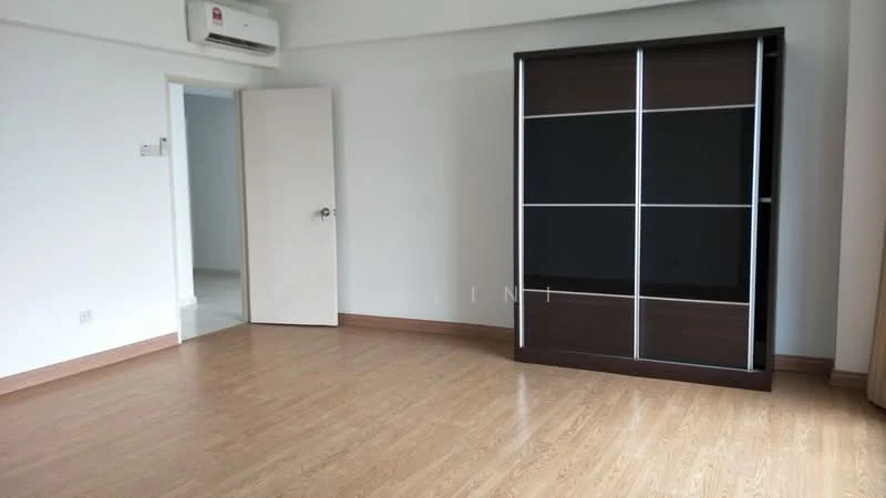 Room features: wooden flooring, white painted walls, 1 wall-mounted split AC, built-in wardrobe with sliding doors, door leading to another room, natural light from window, curtains, baseboard trim; style: modern.