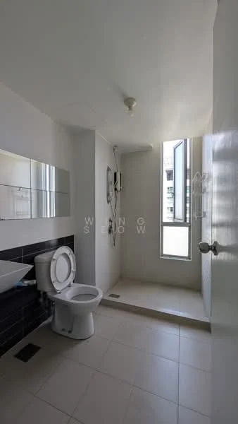Bathroom features: white ceramic toilet, single-sink vanity with mirror, shower area with glass partition, chrome shower head, wall-mounted shower controls, white tiled walls, black tiled accent wall, light-colored floor tiles, window for natural light, ceiling light fixture; style: modern.