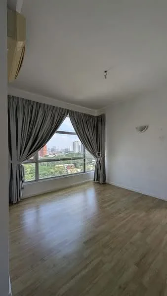 Room features: wooden flooring, white painted walls, floor-to-ceiling windows, sheer curtains, blackout curtains, ceiling light, air conditioning unit, city view; style: modern; view: city.