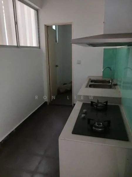Kitchen features: white cabinetry, stainless-steel sink, single-bowl stainless-steel sink, chrome pull-down faucet, gas cooktop with 2 burners, green glass backsplash, grey countertop, tile flooring, window with vertical blinds, door leading to hallway; style: modern.