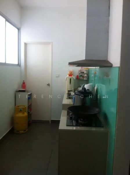 Kitchen features: white painted walls, grey tiled flooring, stainless-steel range hood, built-in gas stove, kitchen cabinetry with flat-panel doors, green glass backsplash, single-bowl stainless-steel sink, kitchen appliances visible, gas cylinder, door leading to another room; style: modern.