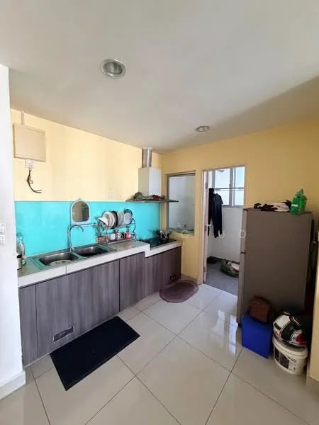 Kitchen features: double-bowl stainless-steel sink, chrome pull-down faucet, light blue backsplash, grey cabinetry, white countertop, built-in stove, exhaust hood, tile flooring, refrigerator, open shelving, wall-mounted storage, window, door to utility area; style: modern.