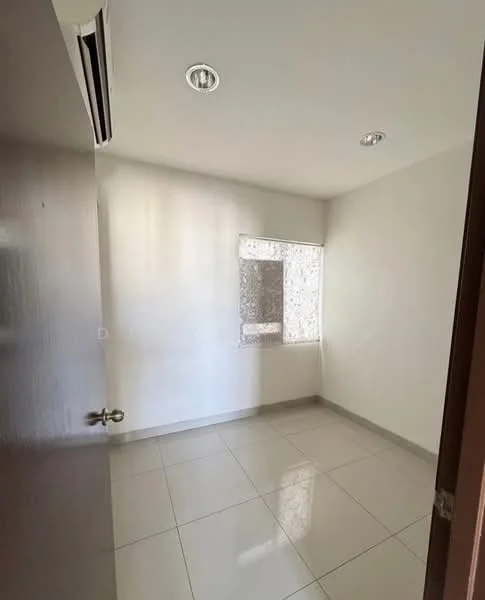 Room features: white painted walls, glossy tile flooring, ceiling lights, window with sheer curtains, air conditioning unit, neutral color scheme, door with handle, corner location; style: modern.