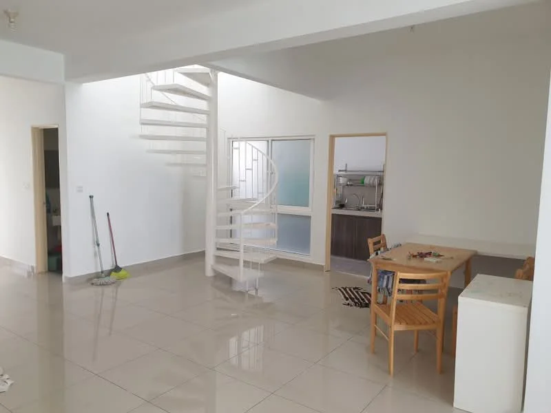 Living features: spiral staircase, white walls, glossy tile flooring, recessed downlights, dining table with four chairs, open layout, kitchen area visible in background, clean and minimal decor; style: modern.