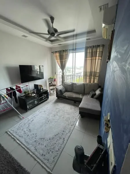 Living features: grey L-shape sectional sofa, 3-seater fabric sofa, area rug with geometric pattern, wall-mounted TV, black TV console, floor-to-ceiling windows, sheer curtains, ceiling fan with light, white painted walls, recessed ceiling with lighting, light-colored tile flooring; style: modern; view: city.