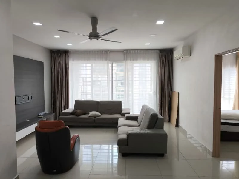 Living features: 3-seater fabric sofa in grey, 2-seater fabric sofa in beige, armchair with red and black upholstery, wall-mounted TV, TV console, recessed LED downlights, ceiling fan, floor-to-ceiling windows, sheer curtains, white painted walls, glossy tile flooring, air conditioning unit; style: modern.