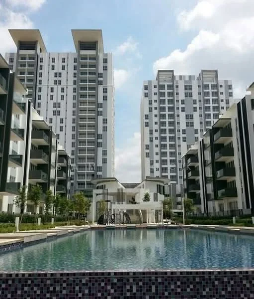 Exterior type: high-rise condominium; features: two high-rise buildings, swimming pool, landscaped garden, manicured lawn, outdoor seating area, water feature, modern architectural design, balconies on each unit, paved walkway, surrounded by greenery; style: modern.