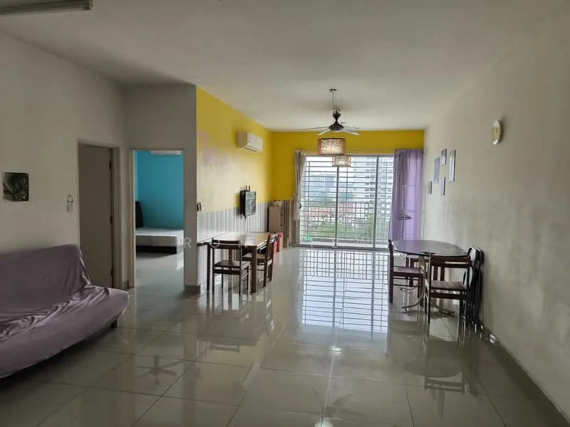 Living features: light grey walls, yellow accent wall, glossy tile flooring, ceiling fan with light, large window with city view, sheer curtains, sofa bed in light purple fabric, wooden dining table with four chairs, wall-mounted TV, decorative wall art, air conditioning unit; style: modern; view: city.