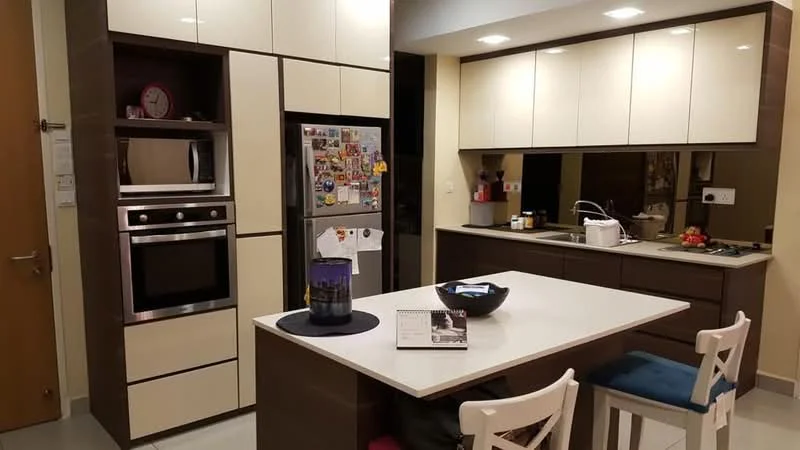 Kitchen features: white and brown cabinetry, stainless-steel built-in oven, stainless-steel microwave, stainless-steel fridge, black countertop, kitchen island with seating, pendant lighting, ceramic tile flooring, refrigerator with magnets, open shelving, sink with faucet, decorative bowl on countertop, wall-mounted kitchen accessories; style: modern.