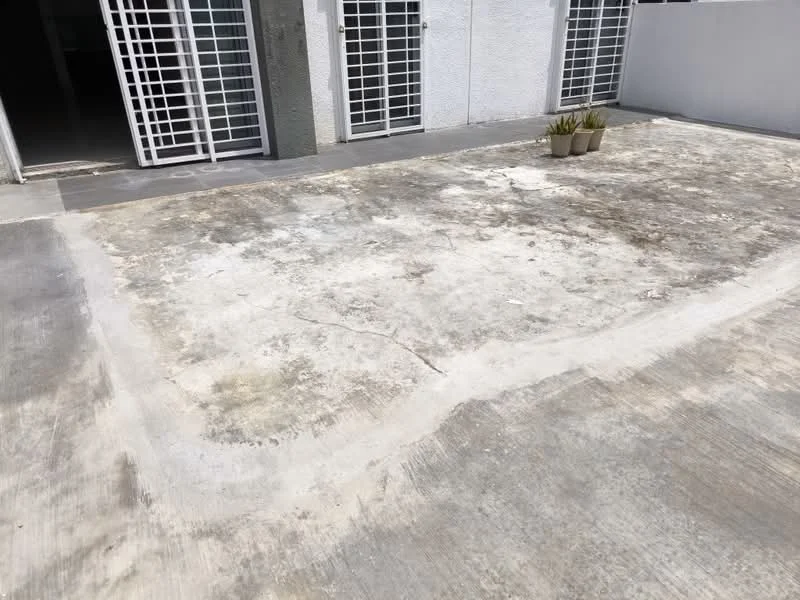 Exterior features: concrete flooring, exposed surface, planters with greenery, white painted walls, metal grilles on doors, open space layout; style: minimalist.