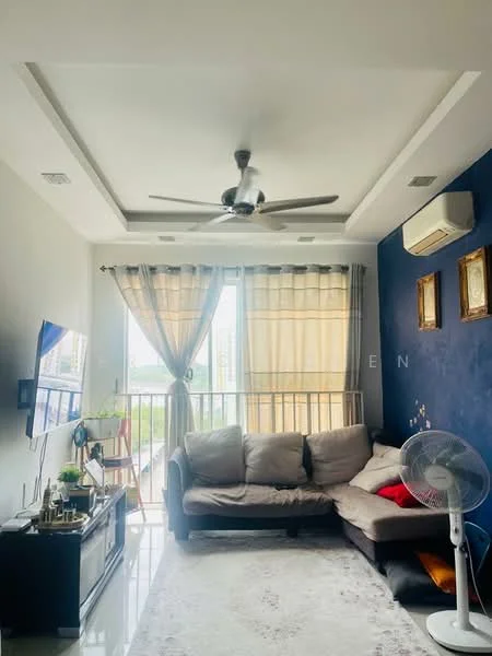 Living features: 3-seater fabric sofa in grey, ceiling fan with light, wall-mounted TV, TV console, area rug, floor-to-ceiling windows, sheer curtains, blackout curtains, decorative wall with blue paint, recessed lighting, air conditioning unit, decorative frames on wall; style: modern; view: city.