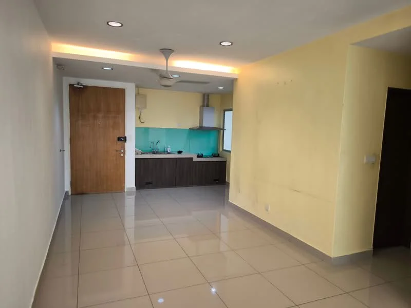 Living features: yellow painted walls, glossy ceramic tile flooring, recessed downlights, ceiling fan, wooden door, kitchenette with brown cabinetry, green glass backsplash, stainless-steel range hood, built-in stove, single-bowl stainless-steel sink, countertop space; style: modern.