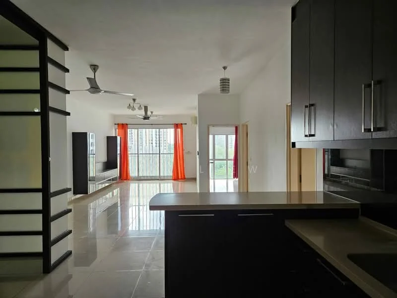 Living features: large floor-to-ceiling windows, orange sheer curtains, 3-blade ceiling fan, recessed downlights, polished tile flooring, TV console, sliding glass door, open layout to kitchen, neutral painted walls, balcony access, decorative wall paneling; style: modern; view: city. Kitchen features: kitchen island with countertop, dark cabinetry, stainless-steel sink, black backsplash, built-in appliances, open layout to living area; style: modern.