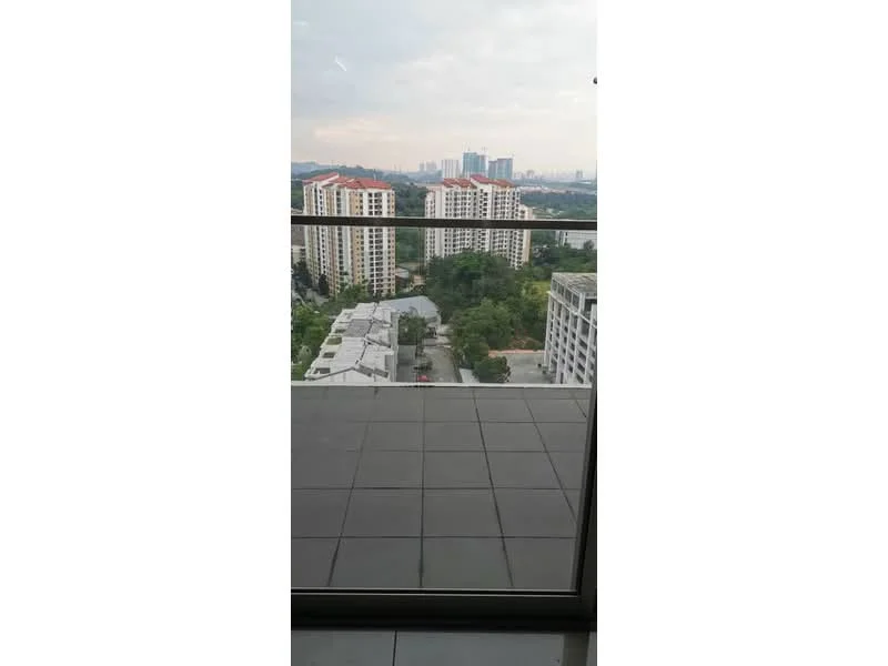Room features: glass sliding door, balcony flooring, city skyline view, surrounding residential buildings, outdoor space; style: modern; view: city.