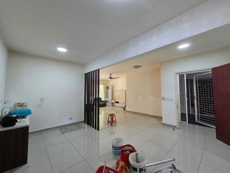 Living features: white painted walls, tile flooring, recessed downlights, ceiling fan, sliding glass door, floor-to-ceiling windows, open layout, decorative partition, neutral color scheme; style: modern. Room features: white painted walls, tile flooring, recessed downlights.