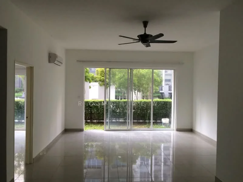 Living features: white painted walls, polished ceramic tile flooring, 5-blade ceiling fan, floor-to-ceiling sliding glass door, natural light from large windows, view of garden, air conditioning unit on wall, recessed lighting; style: modern; view: garden.