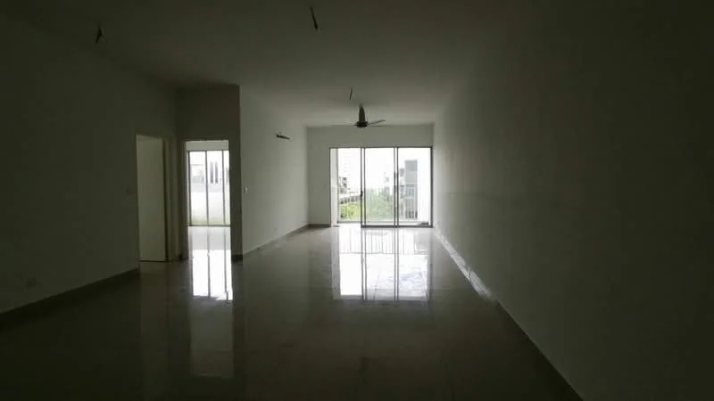 Living features: white painted walls, polished marble flooring, 5-blade ceiling fan, floor-to-ceiling windows, sliding glass door, natural light from windows, view of greenery, open layout; style: modern; view: garden.