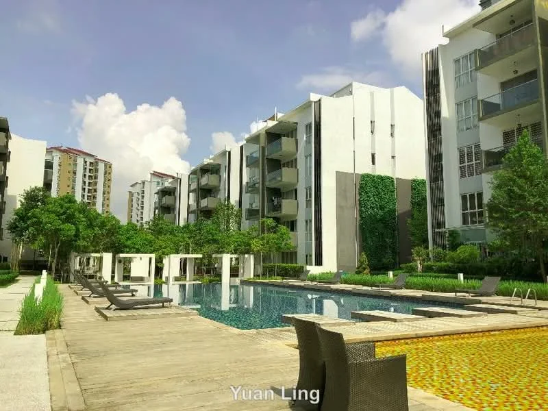 Exterior type: high-rise condominium; features: infinity pool, pool deck with loungers, landscaped garden, manicured lawn, mature trees, modern architectural design, glass facade, outdoor dining area, paved walkway; style: modern.