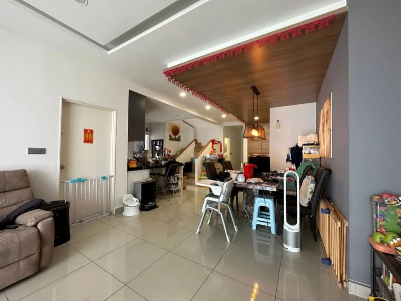 Living features: grey accent wall, white painted walls, polished ceramic tile flooring, recessed downlights, wooden ceiling with decorative trim, dining table with chairs, sofa, staircase visible in background, open layout, kitchen area visible, baby gate, decorative items on wall; style: modern.