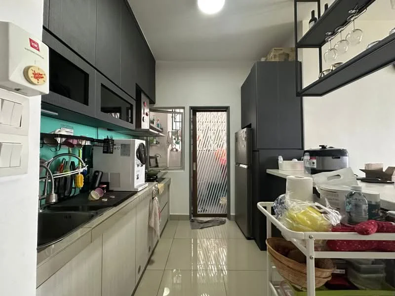 Kitchen features: single-bowl stainless-steel sink, chrome pull-down faucet, black cabinetry, white lower cabinets, grey countertop, built-in oven, freestanding fridge, microwave, open shelving, tile flooring, wall-mounted storage, green accent wall, window with security grille, light fixture on ceiling; style: modern.