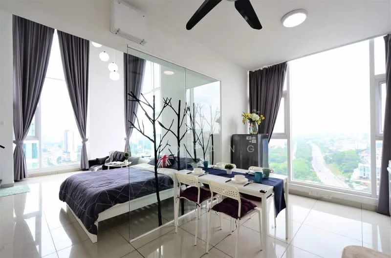 Living features: floor-to-ceiling windows, grey curtains, white walls, white ceiling, 5-blade ceiling fan, dining table for four, blue tablecloth, white chairs, queen-size bed, bedding in dark blue, decorative vase with flowers, tile flooring, air conditioning unit; style: modern; view: city.
