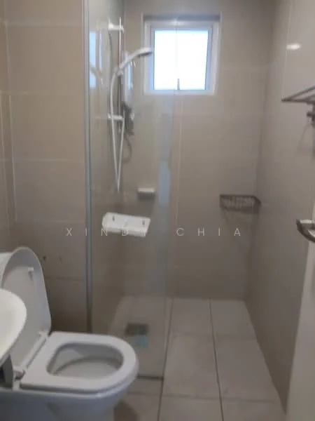 Bathroom features: walk-in shower with glass enclosure, chrome handheld shower, white toilet, white sink, tile flooring, beige tiled walls, window for natural light, towel rack, soap dish; style: modern.