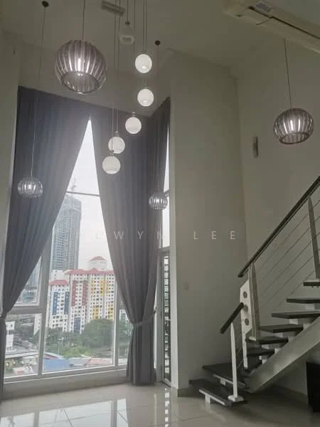 Room features: floor-to-ceiling windows, grey curtains, modern pendant lighting, white painted walls, polished tile flooring, staircase with metal railing, city skyline view, high ceilings; style: modern; view: city.