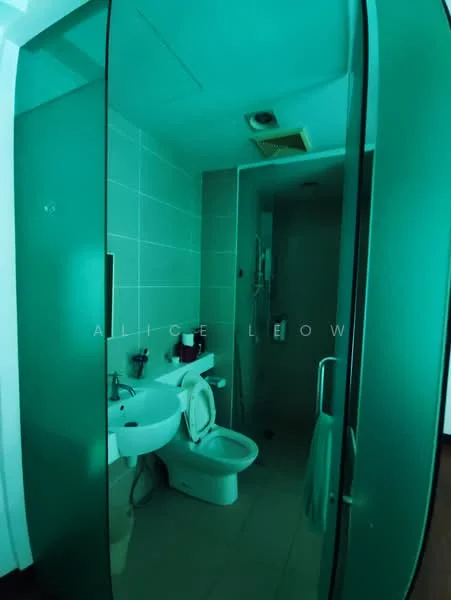 Bathroom features: white ceramic toilet, single-sink vanity with chrome faucet, glass shower enclosure, tile flooring, wall-mounted mirror, shower head, towel rail, grey tiled walls; style: modern.