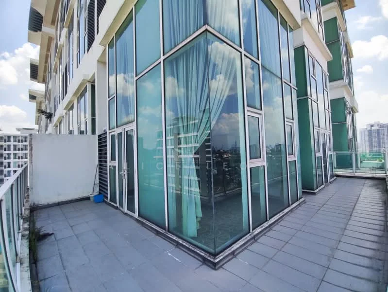 Exterior type: high-rise condominium; features: glass curtain wall, recessed balconies, flat roof, surrounded by city skyline, large floor-to-ceiling windows, balcony with tiled flooring; style: modern.